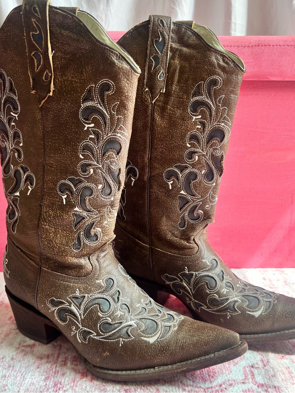 J.B. Dillon Brown Leather Embroidered Cowgirl Boots
